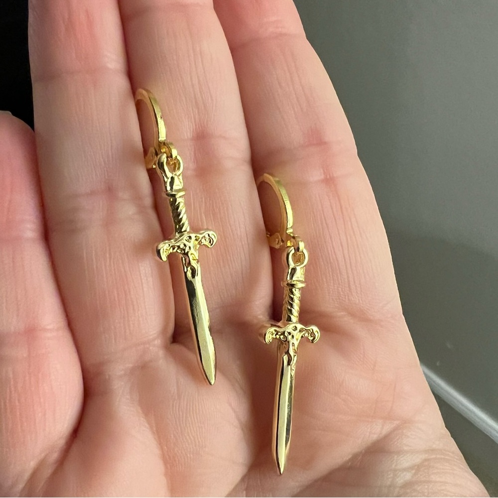 gold dagger huggie hoop earrings